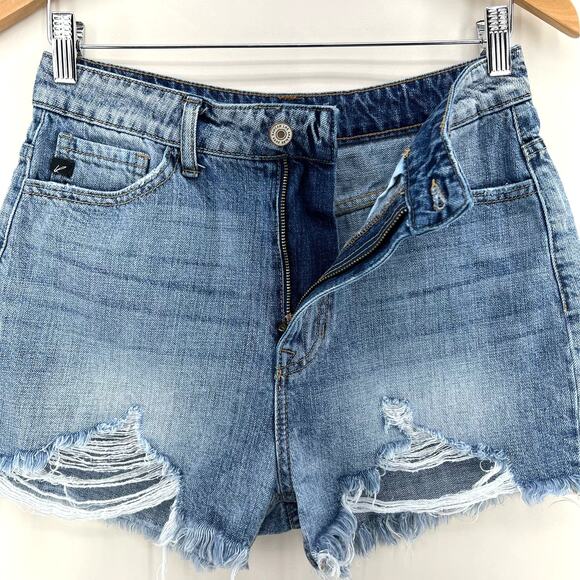 KANCAN High‎ Rise Distressed Ripped Hem Shorts Medium Blue Wash Cotton Women's S - Picture 2 of 5